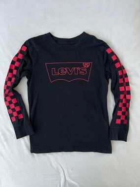 Levi's Black Long Sleeve Tee with Red Logo & Checkerboard Sleeves